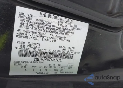 2006 Mercury Grand Marquis Gs из США, поврежденный, VIN 2MEFM74WX6X621261